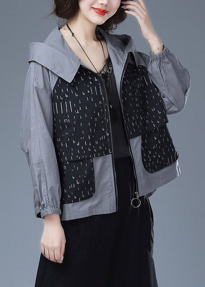 Black Hooded Print Pockets Patchwork Cotton Tops Coats Fall