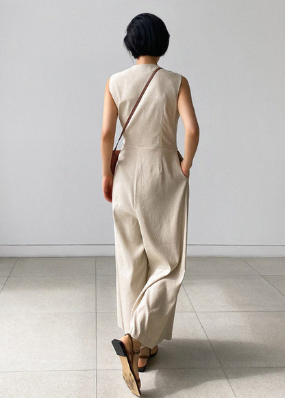 Beige V Neck Button Pockets Jumpsuit Pants Summer