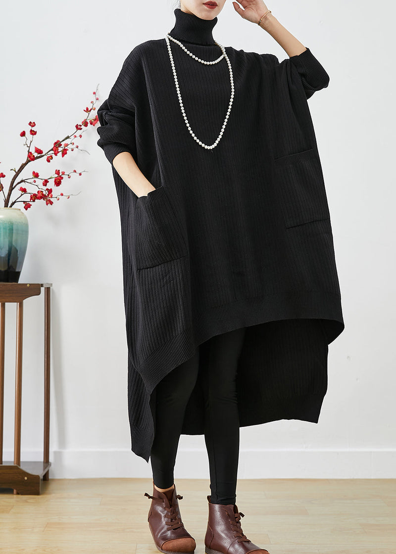 Modern Black Oversized Low High Design Knit Sweater Dress Batwing Sleeve Winter