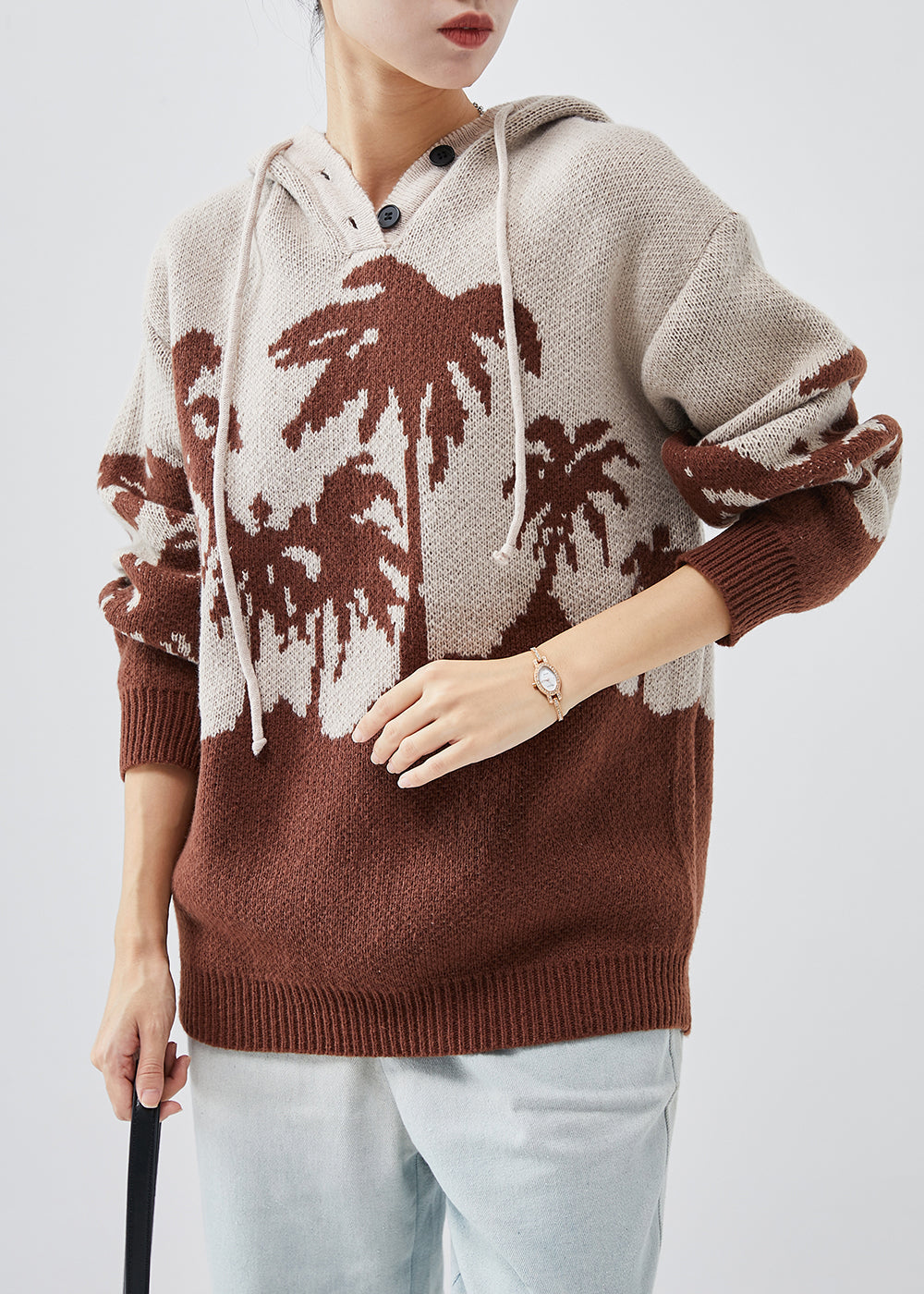 Khaki Hooded Jacquard Knit Sweatshirt Spring