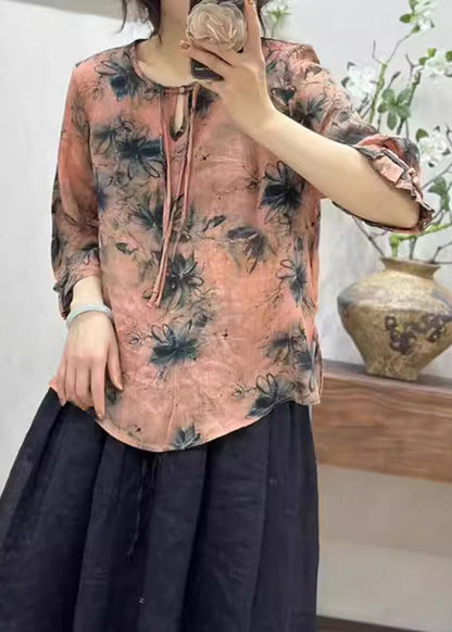 Pink Print Button Linen T Shirts Half Sleeve