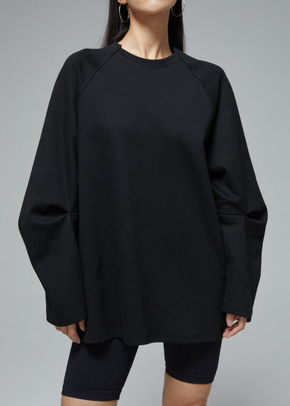 Black Loose Cotton Fall Sweatshirts O Neck