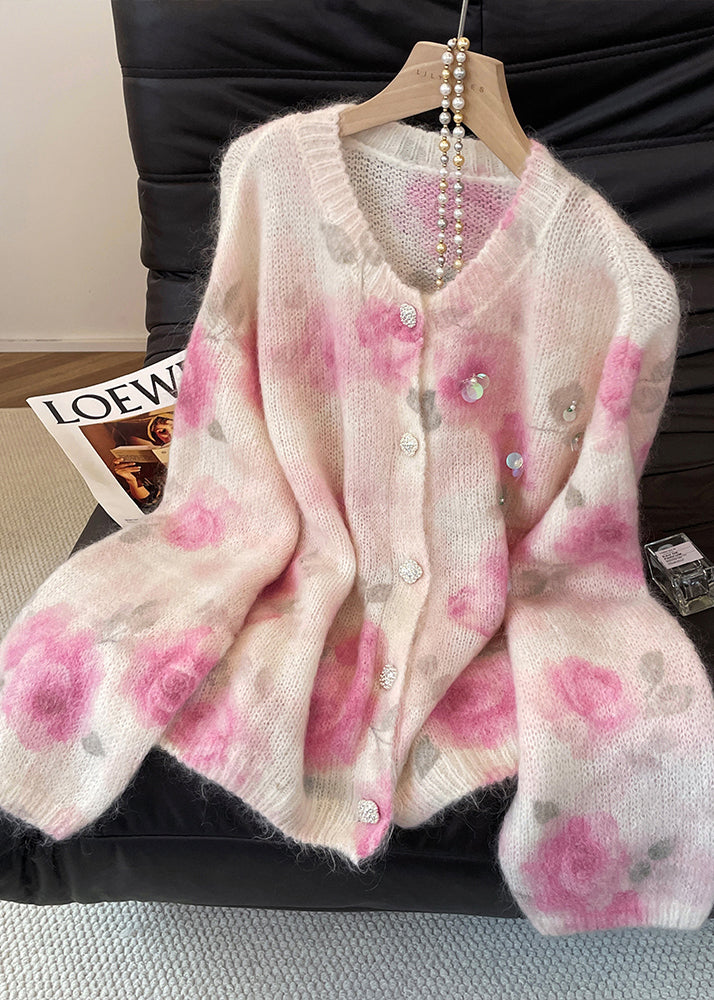 Art Pink Sequins Print Knit Cardigan Fall