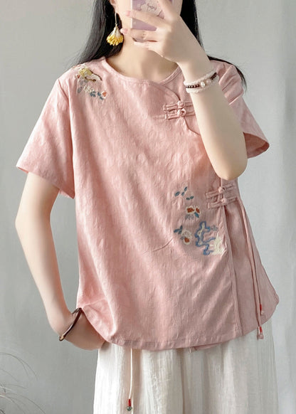 Blue Embroideried Button Patchwork Linen Top O-neck Short Sleeve