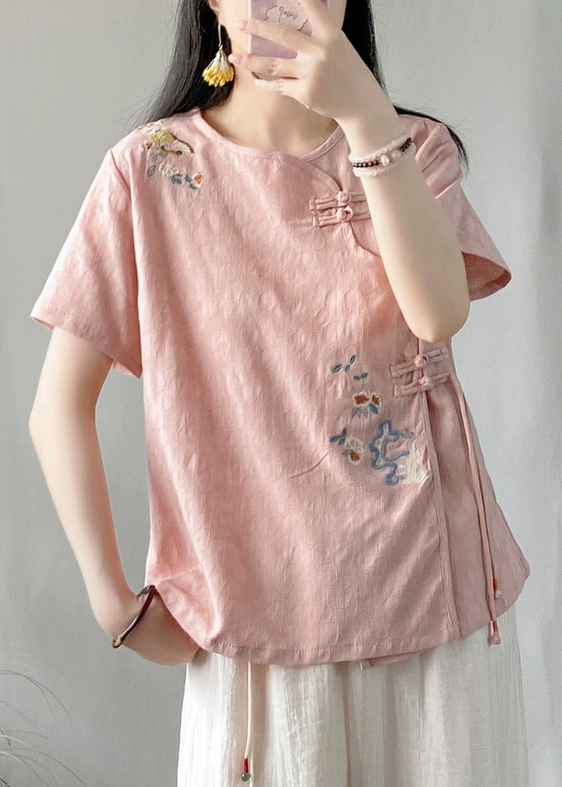 Blue Embroideried Button Patchwork Linen Top O-neck Short Sleeve