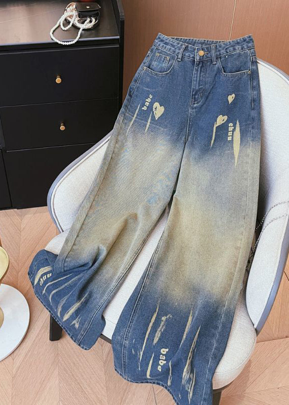 Denim Blue High Waist Pockets Tie Dye Wide Leg Pants Winter