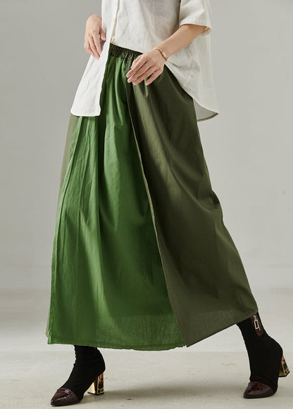 Green Patchwork Cotton a Line Skirt Elastic Waist Fall