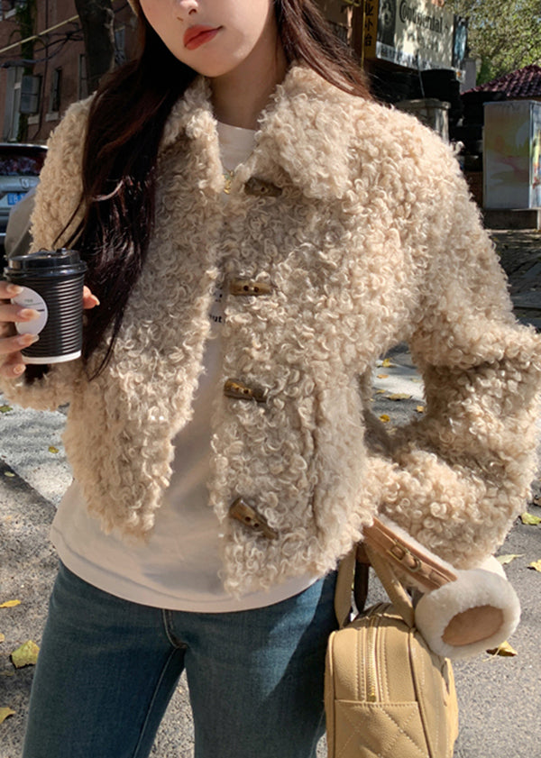 Coffee Peter Pan Collar Pockets Faux Fur Jacket Spring