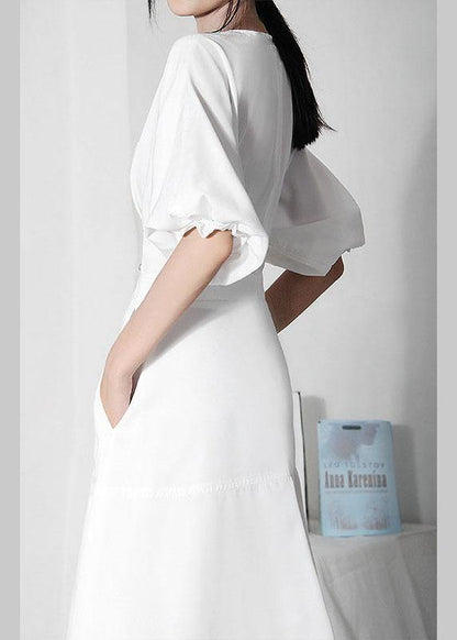 Comfy White V Neck Cotton Lantern Sleeve Summer Dress