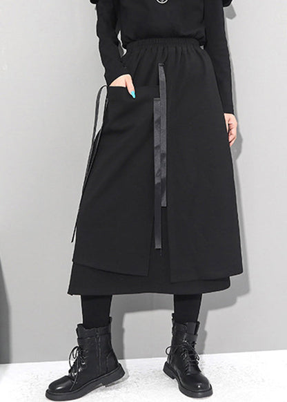 Black Asymmetrical Patchwork Pockets Elastic Waist Skirts Fall