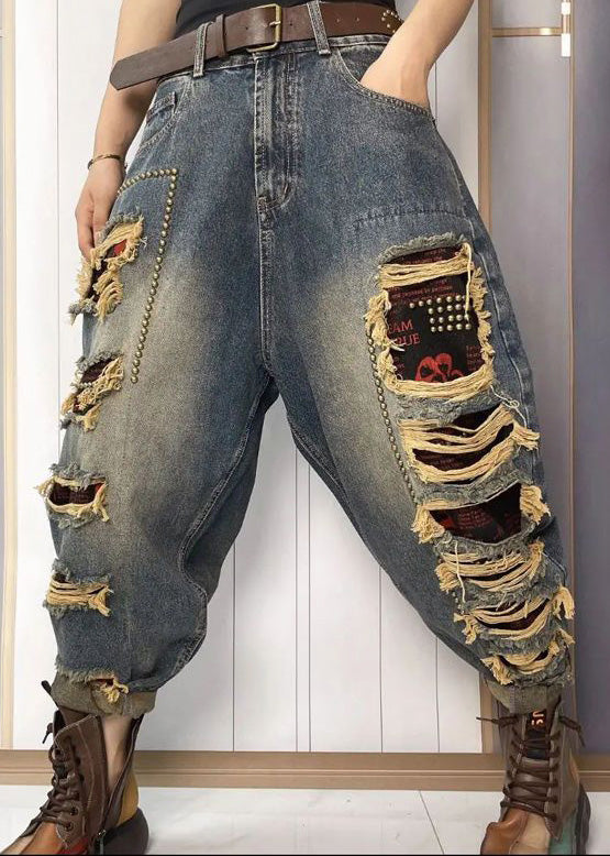 Blue Nail Bead Patchwork Sashes High Waist Ripped Jeans Summer