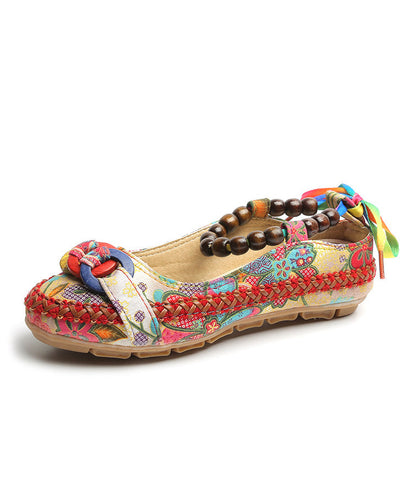 Red Linen Fabric Flat Shoes for Embroideried Handmade Bead String Knit Fabric Flat Shoes