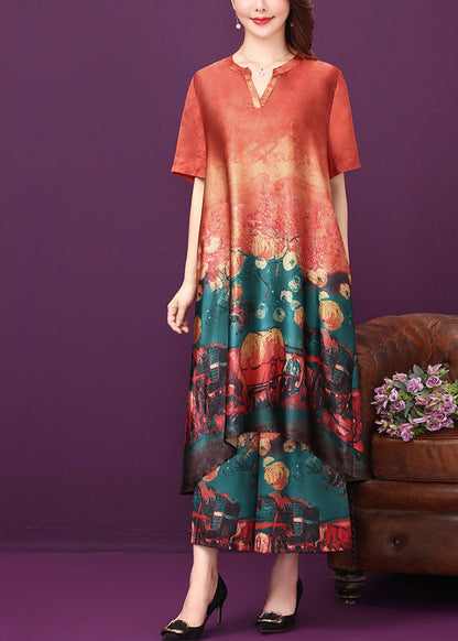 Red O-neck Print Silk Long Dress and Straight Pant Two Piece Set Summer