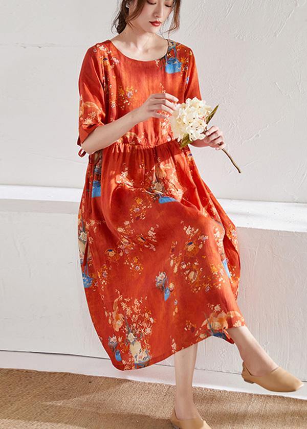 Style Orange Print O-neck Tie Waist Summer Ramie Party Dress Half Sleeve