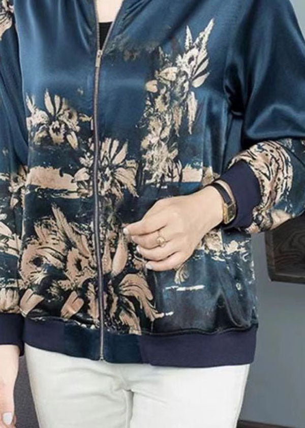 Navy Stand Collar Zip Up Print Silk Coat Outwear Fall