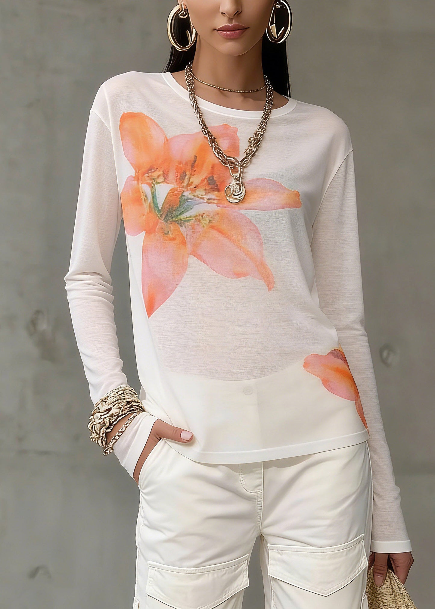 Loose White O-neck Print Tops Spring