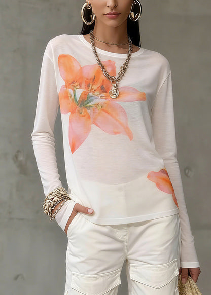 Loose White O-neck Print Tops Spring