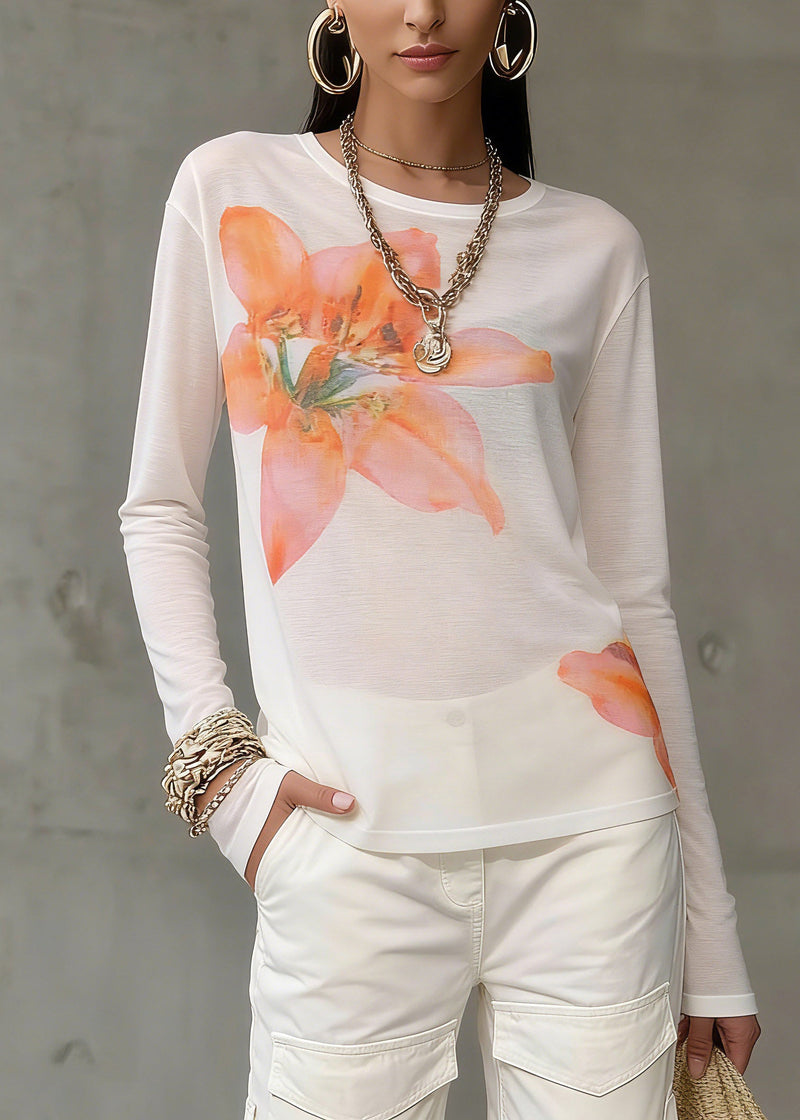 Loose White O-neck Print Tops Spring
