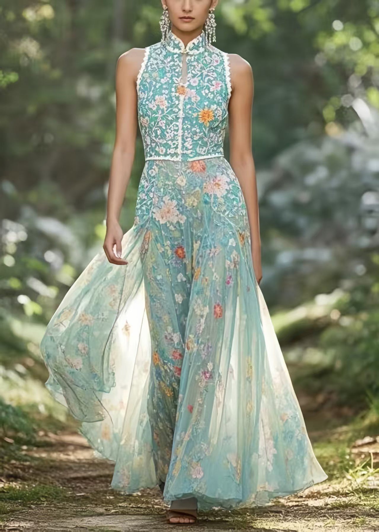 Style Green Mandarin Collar Chiffon Party Dress Sleeveless Summer