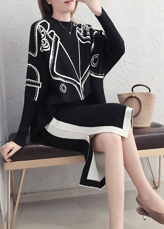 Black Tasseled Patchwork Knit Two Pieces Set Winter