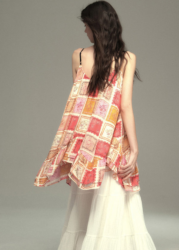 Khaki Oversized Print Cotton Vests Summer