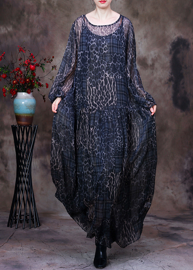 Black Chocolate O-neck Print Maxi Dress and Suspenders Two Pieces Set Fall