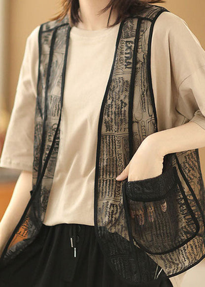 Khaki O-neck Color Cotton Tanks and Black Embroideried Tulle Vest Two Pieces Set Summer