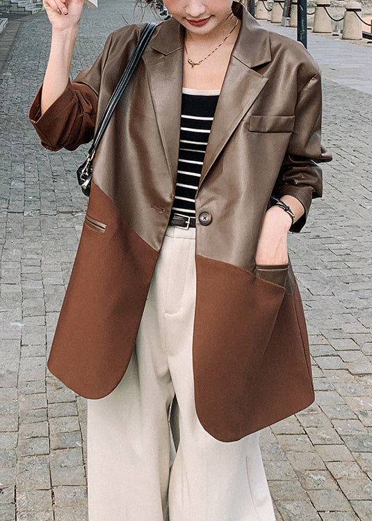New Coffee Notched Patchwork Faux Leather Suit Coat Fall