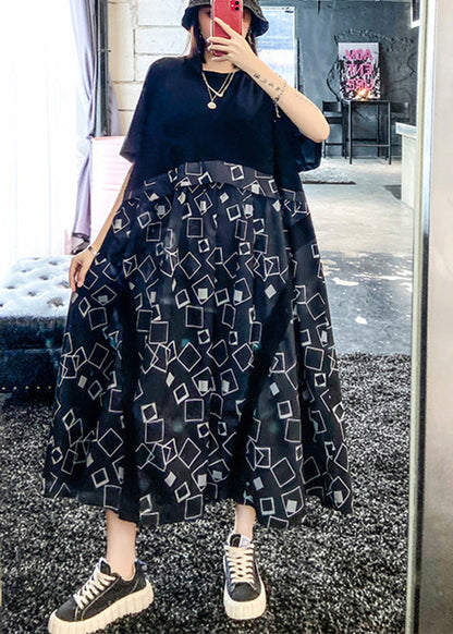 Classy Black O-neck Oversized Patchwork Print Dress Short Sleeve