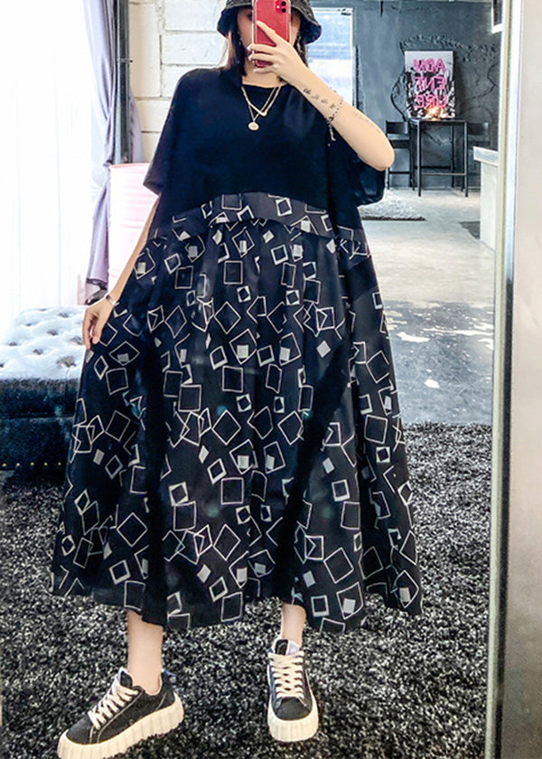 Classy Black O-neck Oversized Patchwork Print Dress Short Sleeve