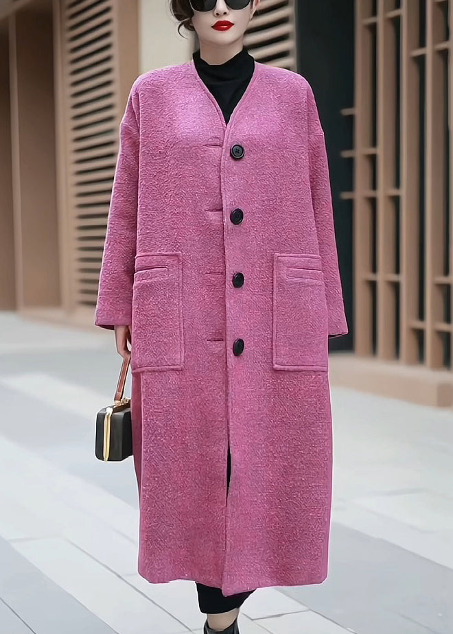 Pink Pockets Back Side Open Woolen Coats Winter