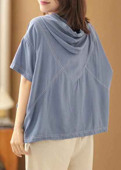 Simple Light Blue Drawstring Hooded Cotton Sweatshirt Short Sleeve
