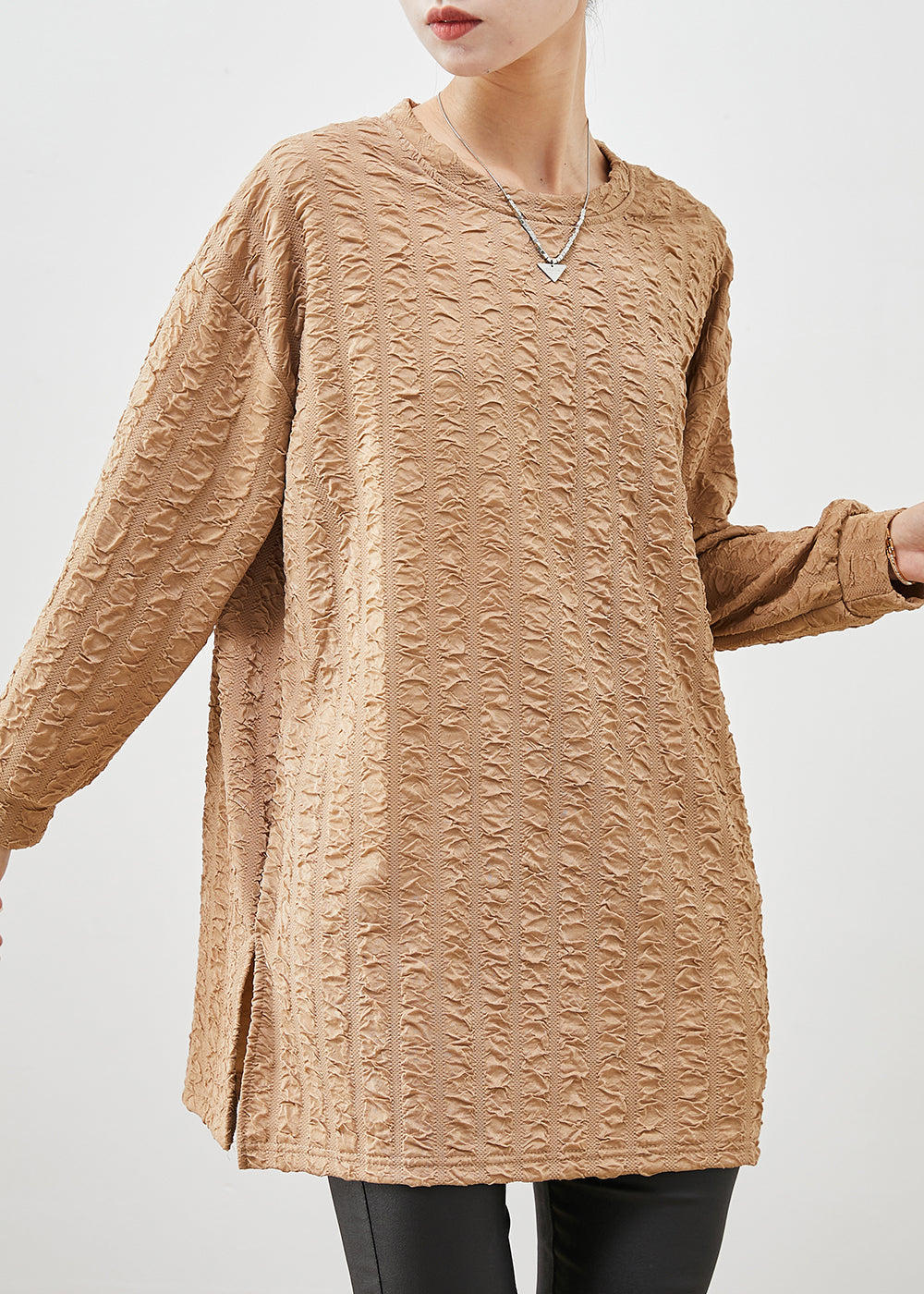 Khaki Oversized Jacquard Cotton Shirt Spring