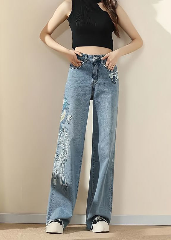 Blue Pockets Embroideried Nail Bead Denim Pants Spring