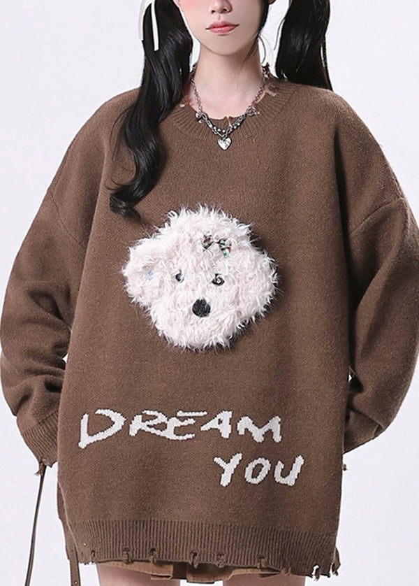 Versatile Coffee O Neck Ripped Knit Sweater Tops Spring