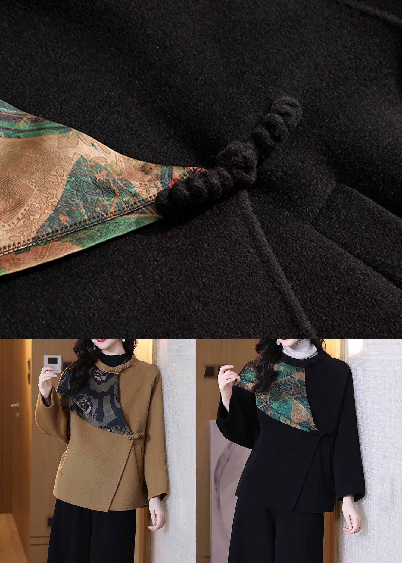 Black O Neck Pockets Wool Coats Spring