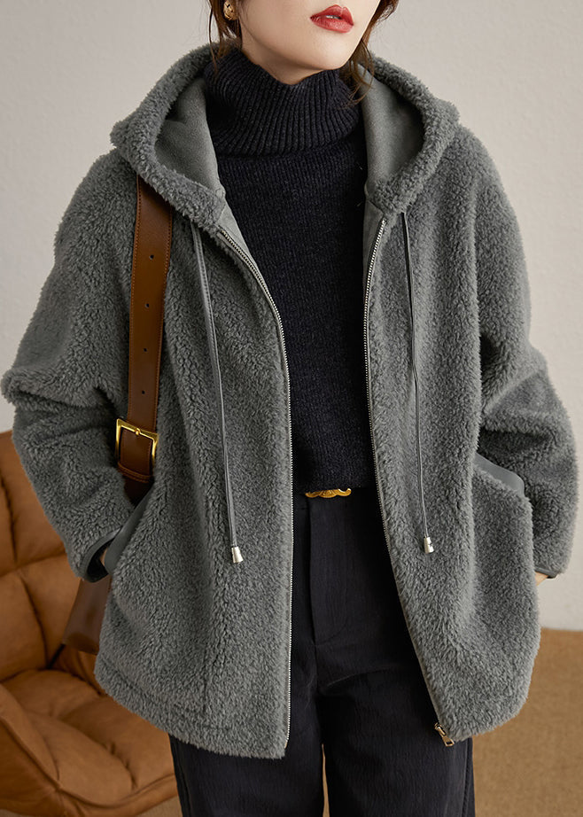 Grey Hooded Pockets Patchwork Woolen Coats Winter
