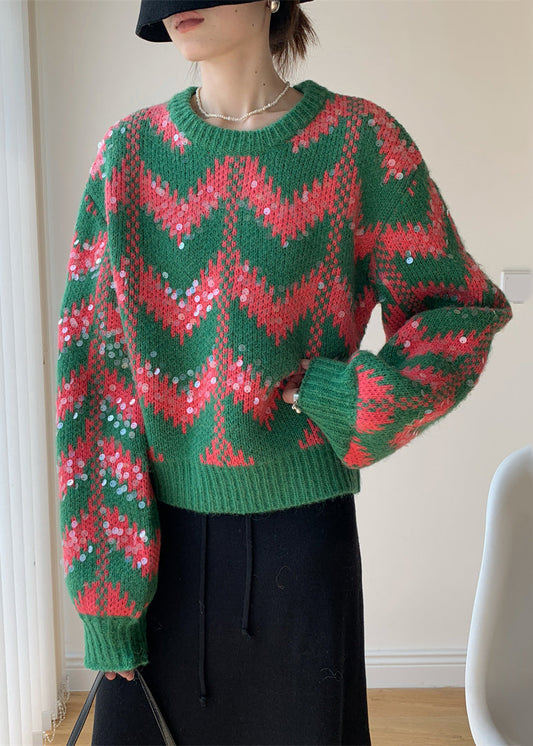 Green O Neck Sequins Patchwork Knit Sweaters Winter