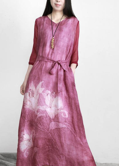 Purple Print Linen Tunic Maxi Dresses