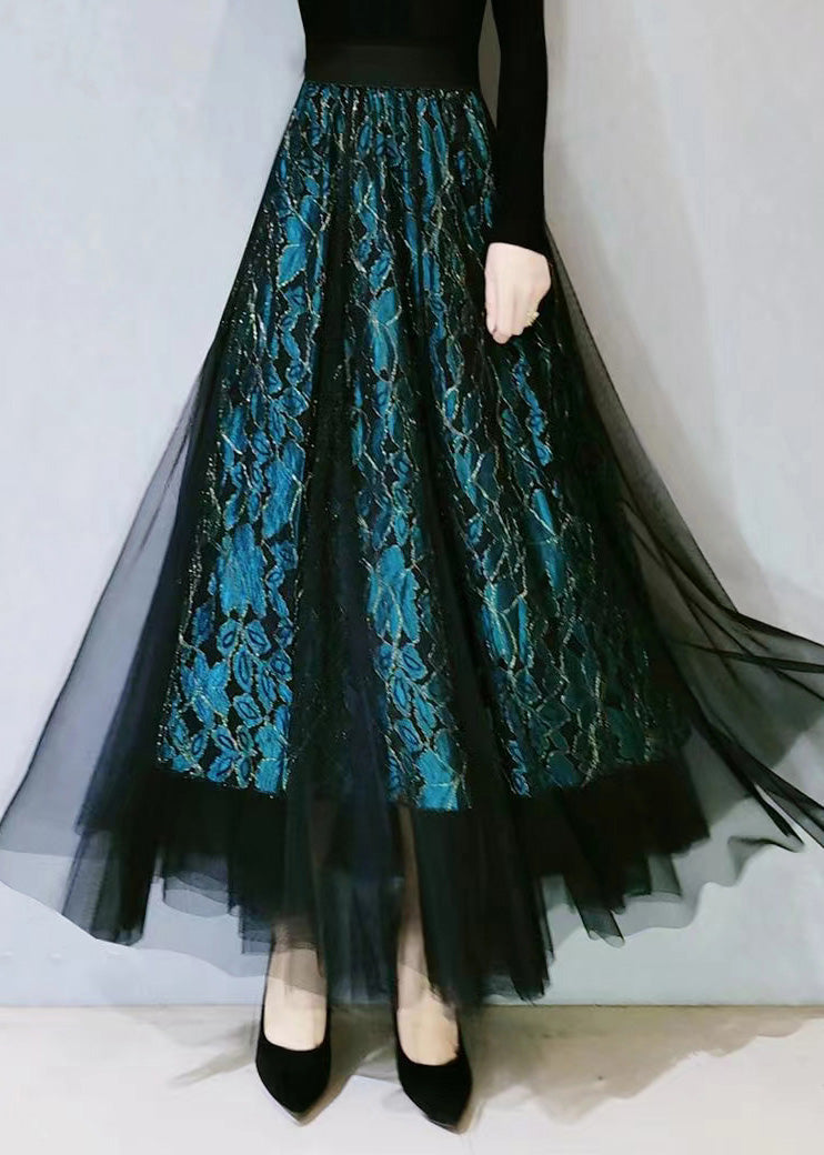 Fitted Green Embroideried High Waist Hollow Out Lace a Line Skirts Spring