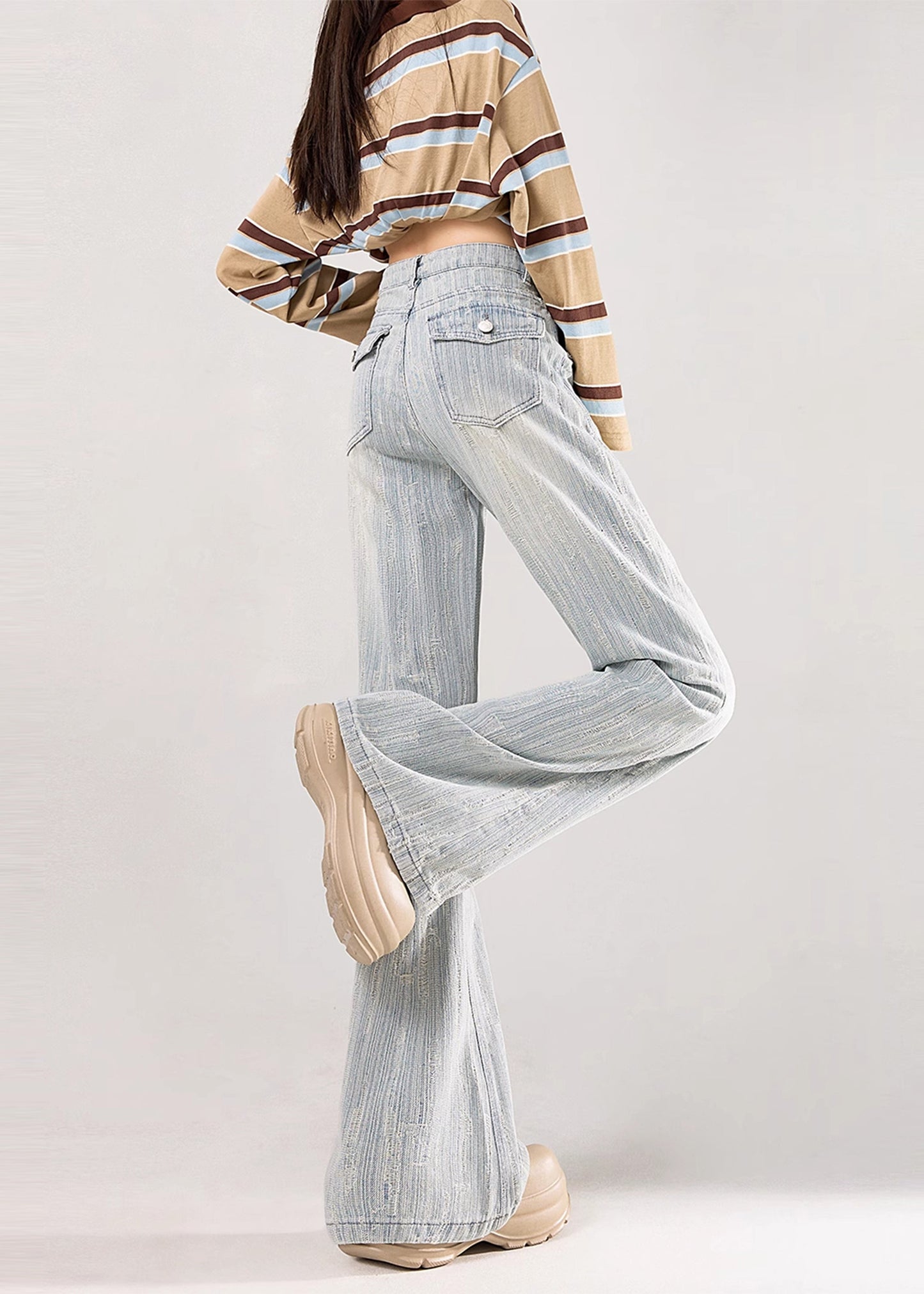 Light Blue Jacquard Striped Denim Flare Bottoms Fall