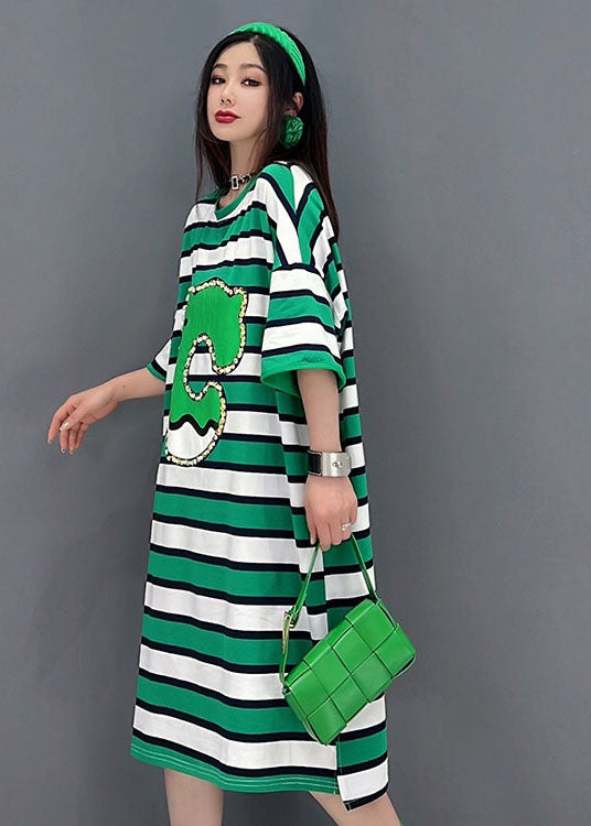 Green O-neck Striped Print Cotton Loose Dresses Short Sleeve