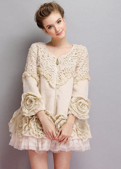 Beige O-neck Tulle Patchwork Applique Mink Velvet Coats Spring