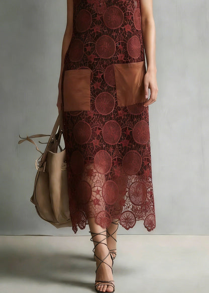 New Coffee Embroidered Hollow Out Lace Dresses Sleeveless Summer