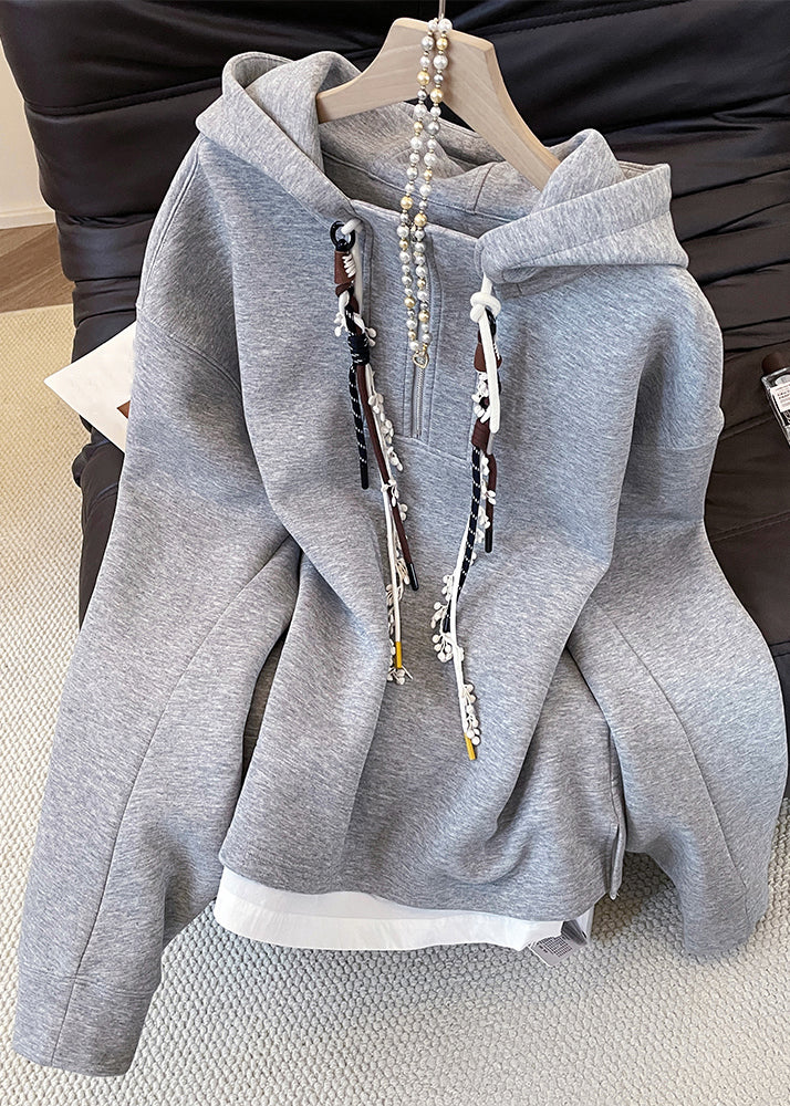 Grey Hooded Zippered False Two Pieces Cotton Sweatshirts Top Fall