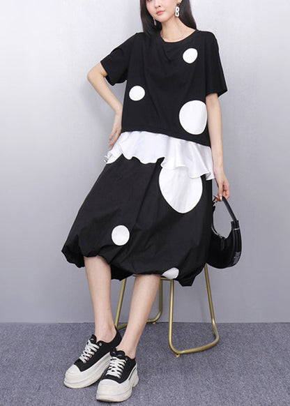 Black O-neck Dot Top and Skirts Two Pieces Set Short Sleeve