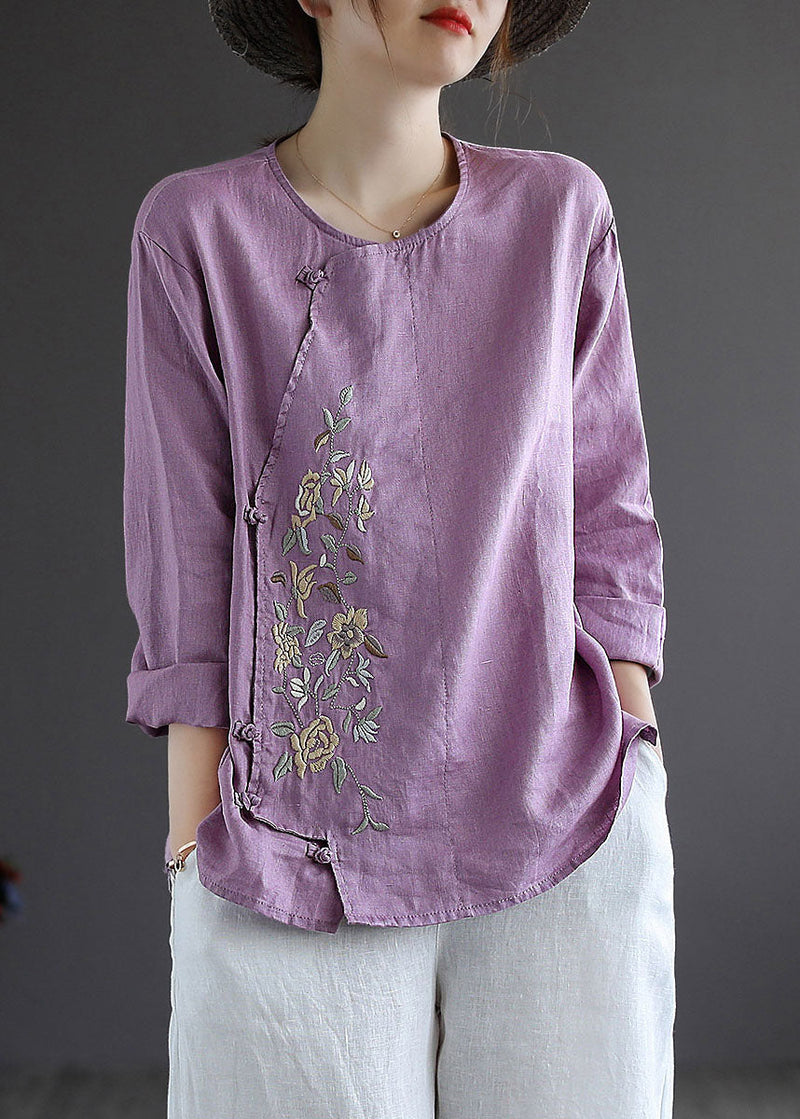 Purple Button O-neck Linen Tops Long Sleeve