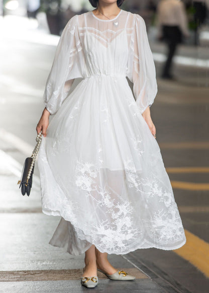 New White Lace Embroidered Lace Up Chiffon Long Dress Spring