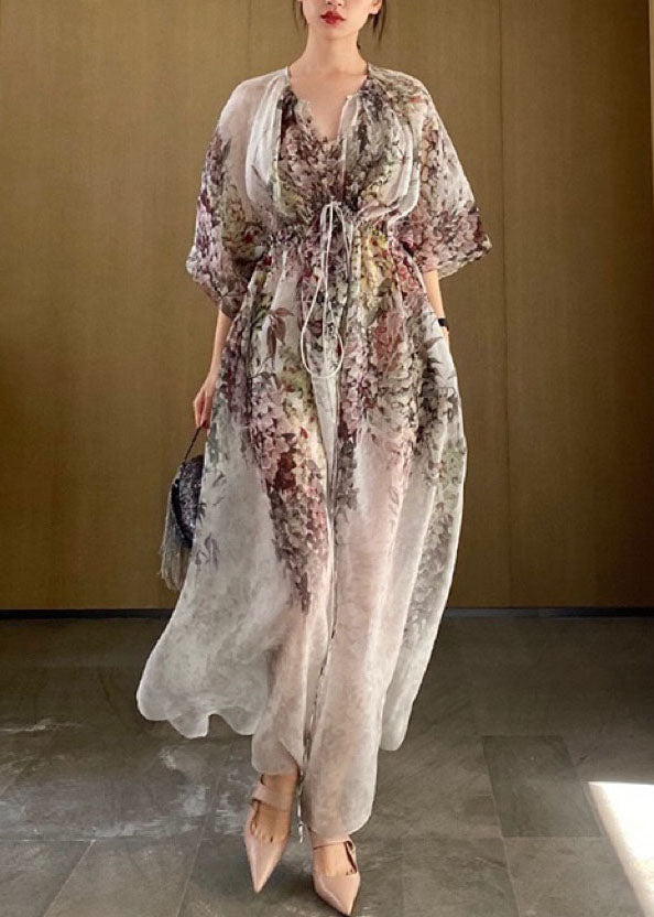 V Neck Print Drawstring Chiffon Maxi Dresses Half Sleeve Summer