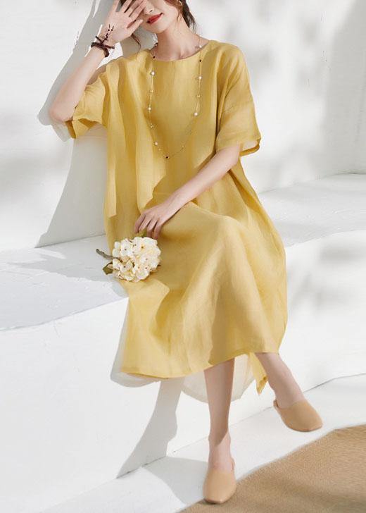 Italian Yellow Pockets Patchwork Summer Ramie Dress Half Sleeve